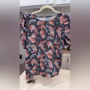 LOFT Paisley Puff Sleeve Blouse - Black and Coral